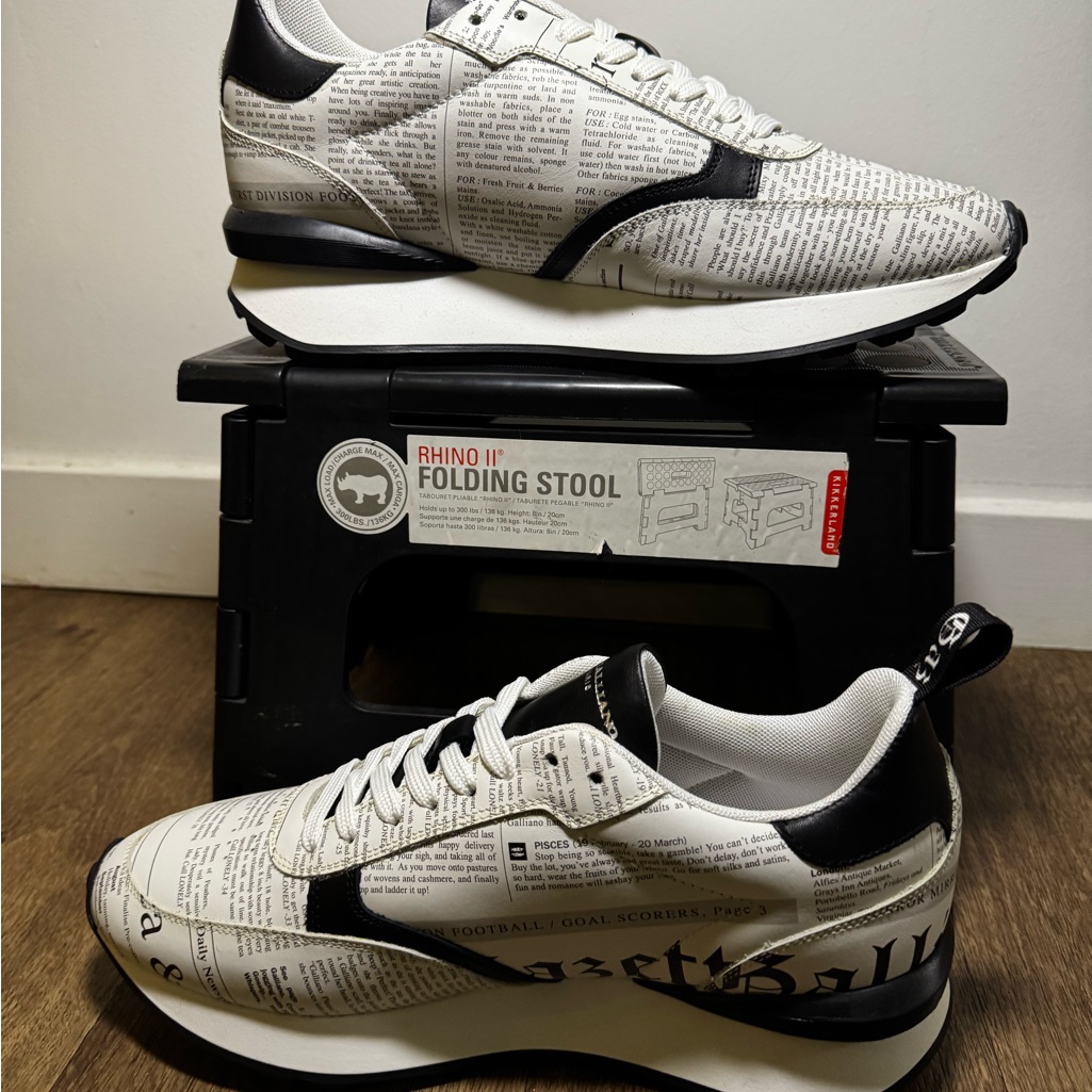 John Galliano Black And White Gazette Leather Print Sneakers